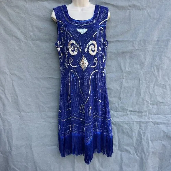 Dresses | Costume Blue Sequin Beaded Halloween Flapper Dress Fringe  Sleeveless | Poshmark